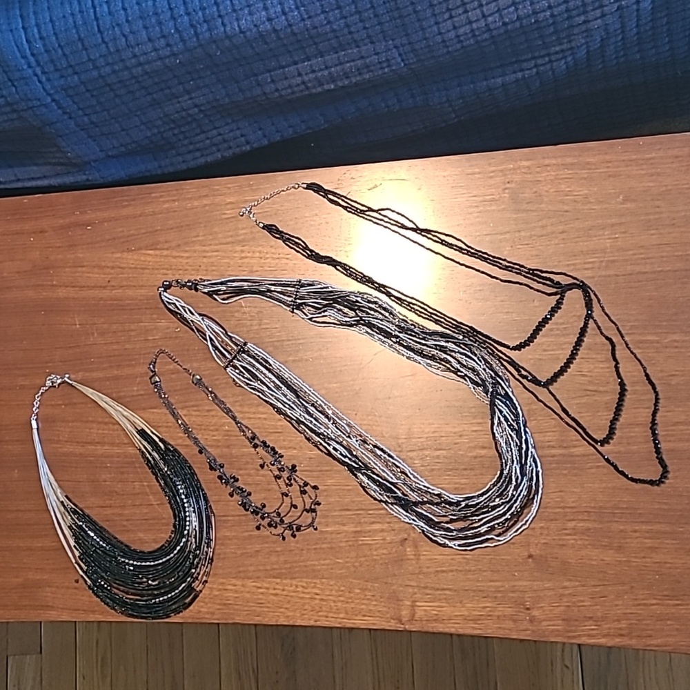 Lot Of 4 Black and Silver Beaded Necklaces